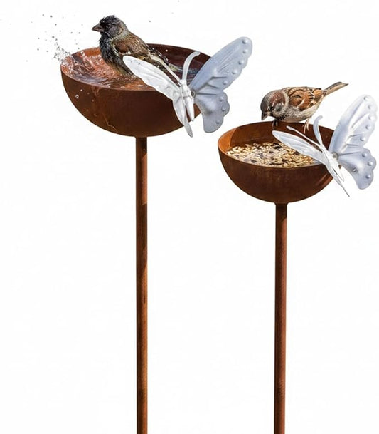 2 Pack Rusty Rain Catcher Garden Stake - Adjustable Metal Bird Feeder and Bath Bowl, Butterfly Style Vintage Outdoor Decor for Lawn Yard, Attracts Birds and Beneficial Insects by Unknown