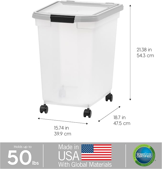 IRIS USA Airtight Dog Food Storage Container, WeatherPro, Up to 50 lbs, Removable Wheels, for Dog Cat Bird and Other Pet Food Storage Bin, Keep Fresh, Translucent Body, Made in USA, Clear/Gray - Image 3