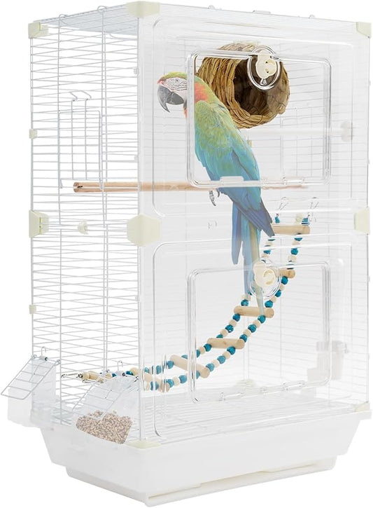 2-Door Wrought Iron Bird Cage Parakeet Cage with Handles, Parrot Cage Pet Birds Flight Cage, 360° View Interactive Birdcages Bird House Travel Cages for 1-3 Birds (25" H, Transparent-B) by Unknown