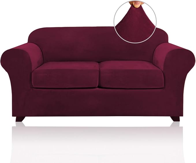 PrinceDeco Velvet Couch Cover Loveseat Covers for 2 Cushion Couch 3 Piece Sofa Covers for Dogs Washable Loveseat Covers Width Up to 72 Inch No Slip Stretch Sofa Slipcover(Medium, Burgundy) by PrinceDeco