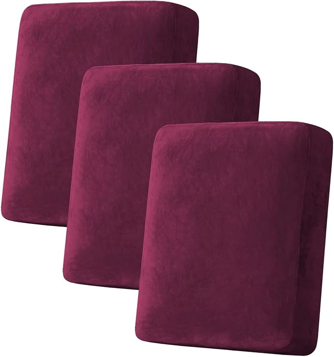H.VERSAILTEX Velvet Stretch Couch Cushion Cover Plush Cushion Slipcover for Chair Loveseat Sofa Cushion Furniture Protector Seat Cushion Sofa Cover (3 Piece Sofa Cushion Covers, Burgundy) by HVERSAILTEX