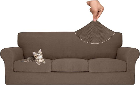 MAXIJIN 4 Piece Couch Covers for 3 Cushion Couch Sofa Covers, Stretch Couch Slipcovers for Sofas with 3 Cushions, Thick 3 Seat Furniture Protector for Pet Dogs (71"-91", Brown New) by MAXIJIN