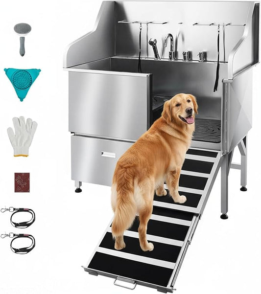 VEVOR Professional 304 Stainless Steel Dog Bathing Station, 61 inch Pet Grooming Tub w/Anti-Slip ramp, Storage Drawer, Cold Hot Faucet Showerhead for Large & Medium & Small (Right Door, with Drawer) by VEVOR