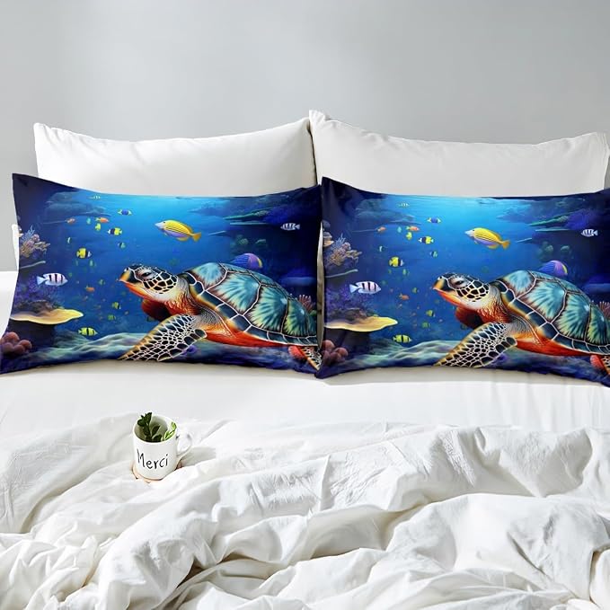 Coastal Beach Theme Kids Printed Sheet Set Queen Deep Pocket,Sea Turtle Sheets & Pillowcase Sets,4 Piece Ultra Soft Fish Summer Cool Microfiber Bed Sheets+Reptile Flat Sheet+ Ocean Fitted Sheet - Image 5