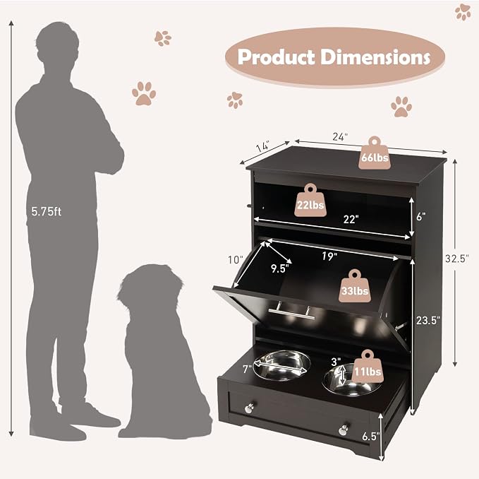 Dog Food Cabinet Feeding Station with 2 Raised Bowls, Pull Out Elevated Dog Bowl, Storage, 3 Hangers, Pet Feeder Toy Leashes Organizer, Brown - Image 7