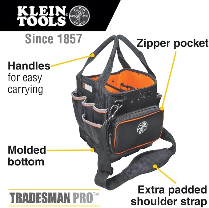 Klein Tools 5541610-14 Tool Bag with Shoulder Strap Has 40 Pockets for Tool Storage and Orange Interior - Image 3
