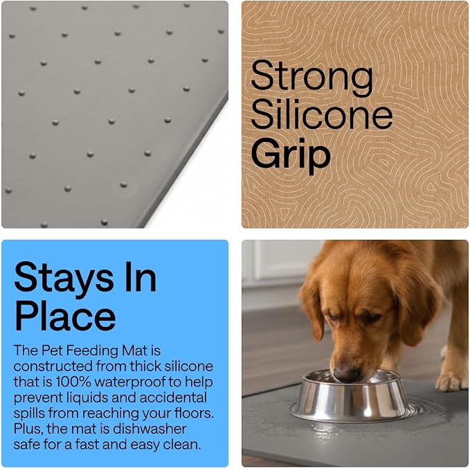 GORILLA GRIP 100% Waterproof Raised Edge BPA Free Silicone Pet Feeding Mat, Dog Cat Food Mats Contain Spills Protects Floors, Placemats for Cats and Dogs Water Bowl, Pets Accessories 16x10, Gray - Image 3