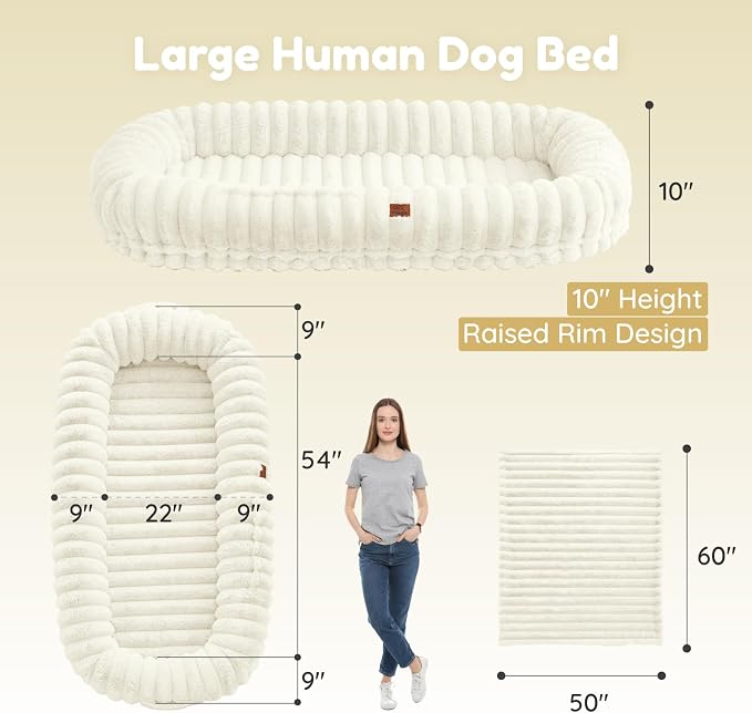 ChiXnuggle Orthopedic Human Dog Bed,Striped Faux Fur Washable Cover,Blanket | cream,72*40*10,giant dog bed for adult or extra large dogs,egg crate foam,non-slip bottom - Image 3