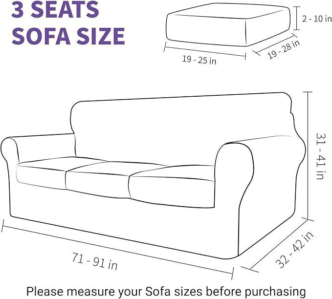 ZNSAYOTX 4 Piece Stretch Sofa Covers (71"-91"), Thick Striped Couch Covers for 3 Cushion Sofa with Elastic Band Bottom Ties Non-Slip Stay in Place, Soft Durable Washable Couch Slipcovers, Light Grey - Image 6