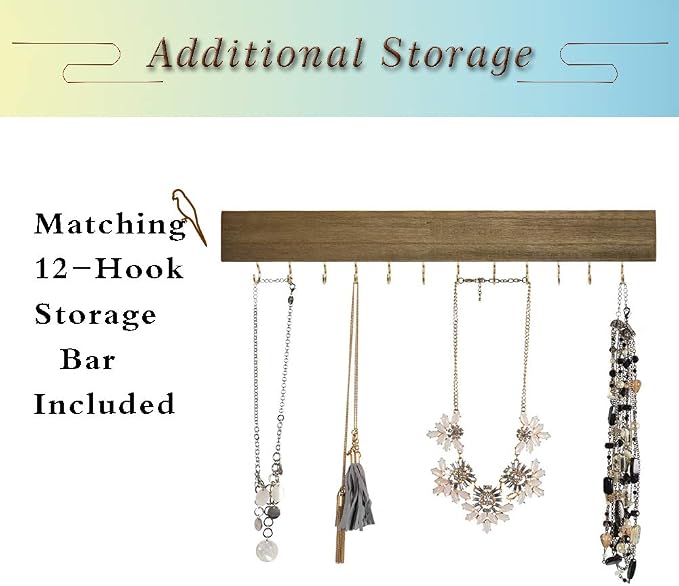 GLANT Rustic Wall Mounted Jewelry Organizer with Wooden Barndoor Decor， Wall Mount Holder,Jewelry holder for Necklaces, Earings, Bracelets，Ring Holder. Includes matching hook organizer (wood color) - Image 4