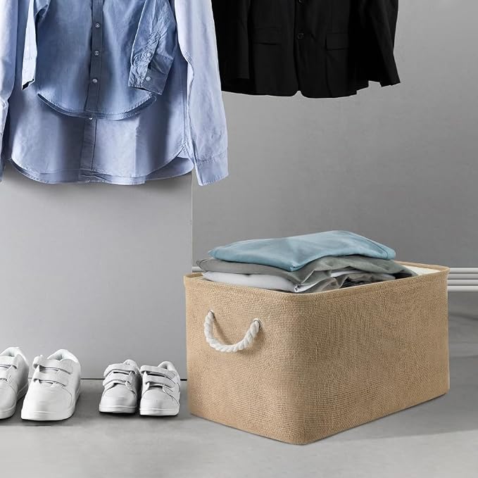 Organization and Storage Basket for Organizing - 17X15X12 inch 2 Pack Collapsible Baskets for Shelves, Fabric Storage Cubes with Rope, Storage Box for Cloth Decorative Gift (Beige) - Image 5