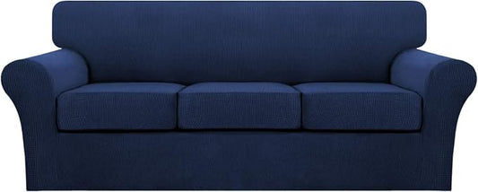 Turquoize 4 Piece Sofa Covers for 3 Cushion Couch Sofa Slipcover Soft Couch Cover for Dogs Washable Furniture Cover with 3 Individual Large Cushion Covers Feature Fabric (Large Sofa, Navy) by Turquoize
