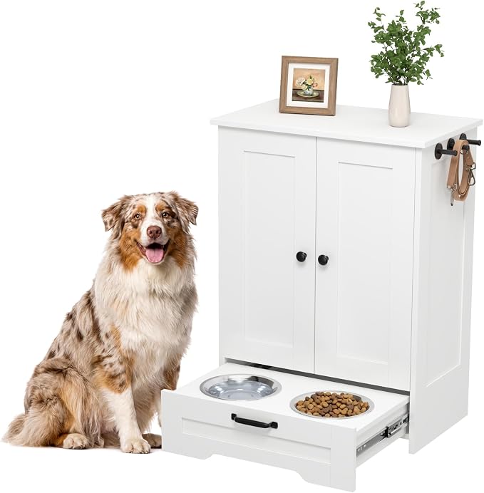 Dog Feeding Station with Storage Cabinet, White Wood Dog Cabinet with 2 Elevated Stainless Steel Bowls, Hidden Pull-Out Feeder Drawer, Pet Feeding Station for Kitchen and Living Room by Unknown