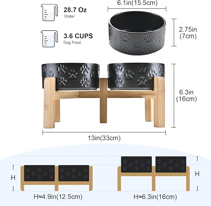 SPUNKYJUNKY Elevated Dog Bowls Ceramic, 6.1'' Dogs and Cat Food Water Bowls Raised with Non-Slip Bamboo Stand for Medium Sized Breed Microwave Dishwasher Safe - 28.7 OZ,Paw Black - Image 2