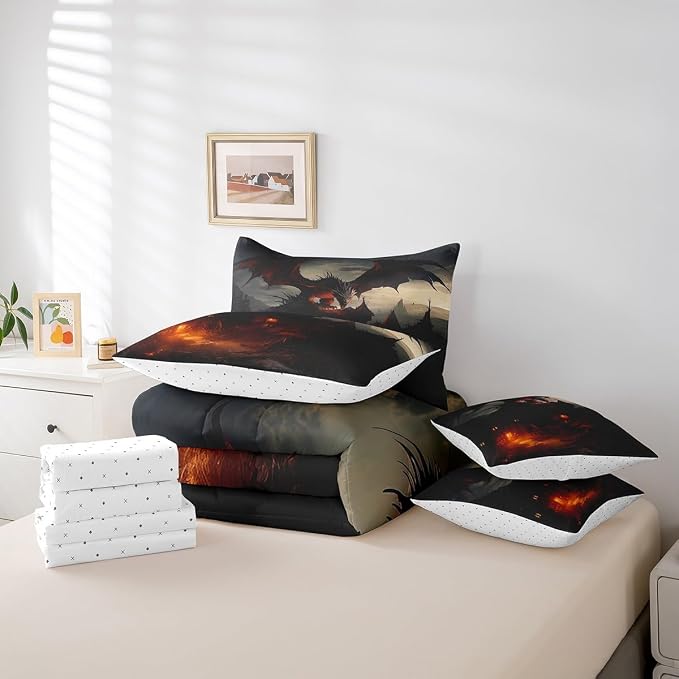 3D Dragon 7Pcs Bedding Sets Bed in a Bag Fierce Wildlife Comforter Flying Dragon Bedroom Comforter with Sheets King 7-Piece(1 Comforter, 1 Flat Sheet 1 Fitted Sheet 2 Pillowcases and 2 Pillow Shams) - Image 6