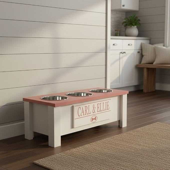 3 Bowl Dog Feeding Station, Personalized Triple Bowl Food Stand Medium Dogs | Farmhouse Style, Elevated Wood Stand, Storage Container, Stainless Steel Bowls, Raised Anti-Slip Feeder, Made in USA - Image 4