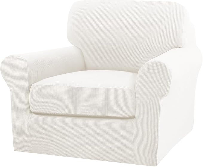 Turquoize 2 Piece Chair Covers Armchair Slipcovers for Living Room Armchair Sofa Cover with Individual Cushion Covers Feature Jacquard Fabric (Chair, Porcelain White) by Turquoize