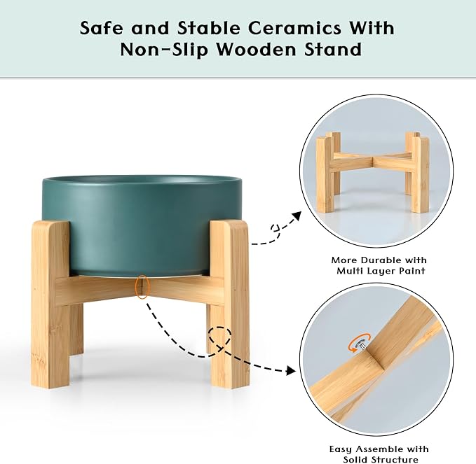 SPUNKYJUNKY Ceramic Elevated Dog Bowls 2 Pack - 6.1inch Raised Dog Bowls with Non-Slip Wooden Stand for Medium Dogs Dishwasher Safe(Green,28.7OZ*2) - Image 4