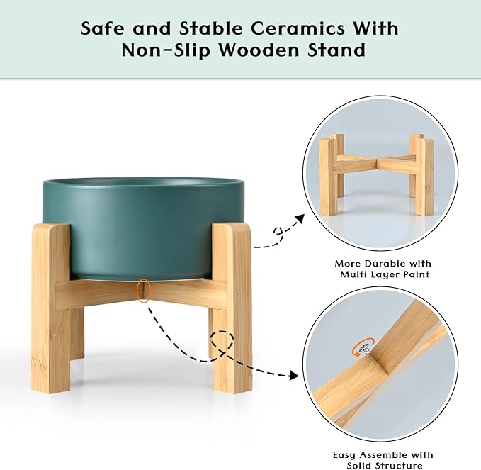 SPUNKYJUNKY Ceramic Elevated Dog Bowls 2 Pack - 8.3inch Raised Dog Bowls with Non-Slip Wooden Stand for Large Dogs Dishwasher Safe(Green,60OZ*2) - Image 4