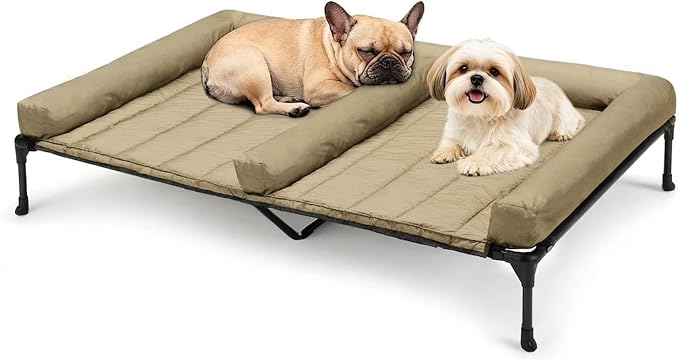 Veehoo Elevated Dog Bed for Two Dogs, Cooling Raised Dog Bed with Removable Waterproof Bolster Mat, 49" x 33" Double Dog Bed, Outdoor & Indoor Pet Cot with Breathable Mesh, Non-Slip Feet, Beige by Veehoo