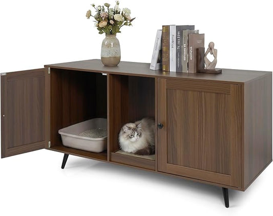 Tangkula Double Cat Litter Box Enclosure for 2 Cats, Large Stackable Hidden Privacy Cat Washroom Cabinet with Scratching Board, Indoor Cat House TV Stand Side Table, Litter Box Furniture (Brown) by TANGKULA