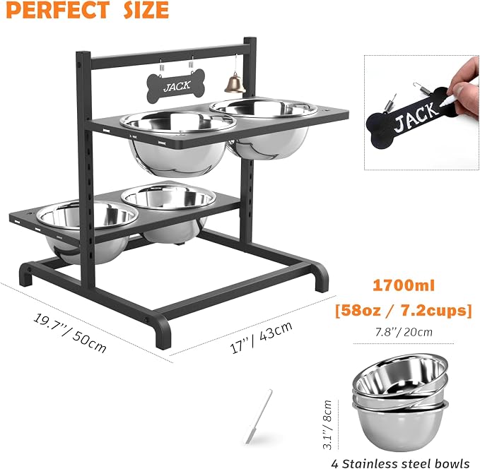 ADENGL Elevated Dog Bowl Stand with 4 Stainless Steel Bowls (1700ml/58oz) – 9 Height Adjustable Raised Pet Feeder from 4.9" to 14.5" for Large Dogs & Multi-Pet Homes, with Bone Name Tag - Image 3