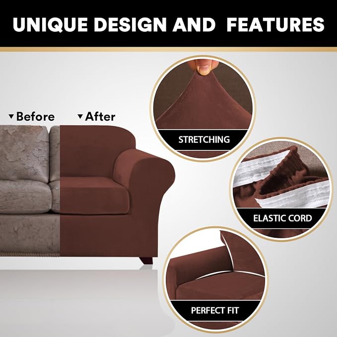 PrinceDeco Couch Cover Velvet Plush Sofa Covers for 2 Cushion Couch Width Up to 90 Inch Washable Furniture Protector Pet Friendly No Slip Sofa Slipcover(Medium-Large, Burnt Brick) - Image 3