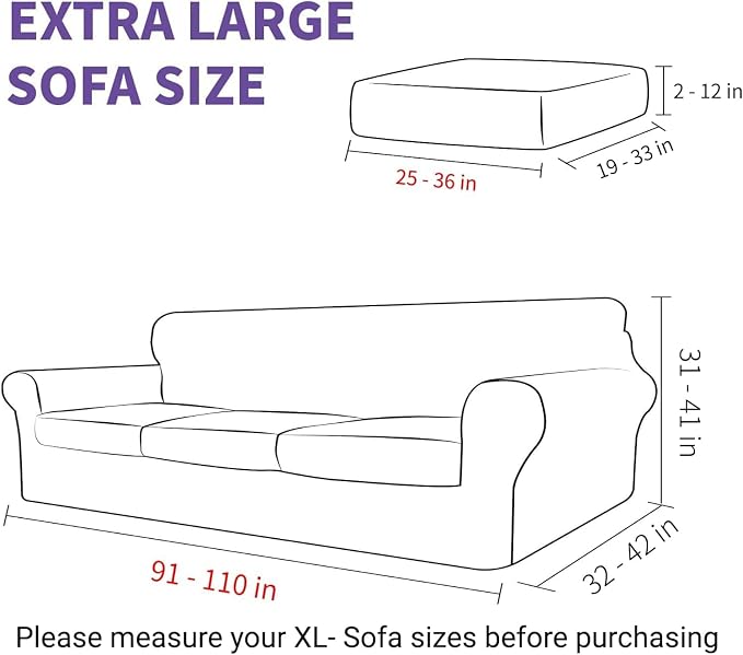 ZNSAYOTX 4 Piece Stretch XL-Sofa Covers (91"-110") for 3 XL Cushion Couch, Thick Couch Cover with Elastic Band Bottom Ties Non-Slip Stay in Place, Soft Durable Oversized Slipcovers, Light Coffee - Image 6