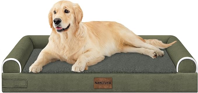 NANUYA Orthopedic Dog Bed for Large Dogs, 36 x 27 Inch, Dark Green | Egg crate foam for joint support, 3-sided bolster pet sofa, waterproof lining, washable cover, and non-skid base by Nanuya