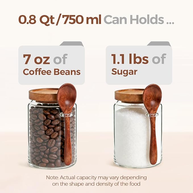 ComSaf Coffee Storage Canister with Acacia Wood Lids & Scoops 0.8Qt 2Pack | Glass Containers for Coffee Lover, Whole Beans Grounds Sugar, Coffee Bar & Office Tabletop, Jars with Labels, Lead-Free - Image 3