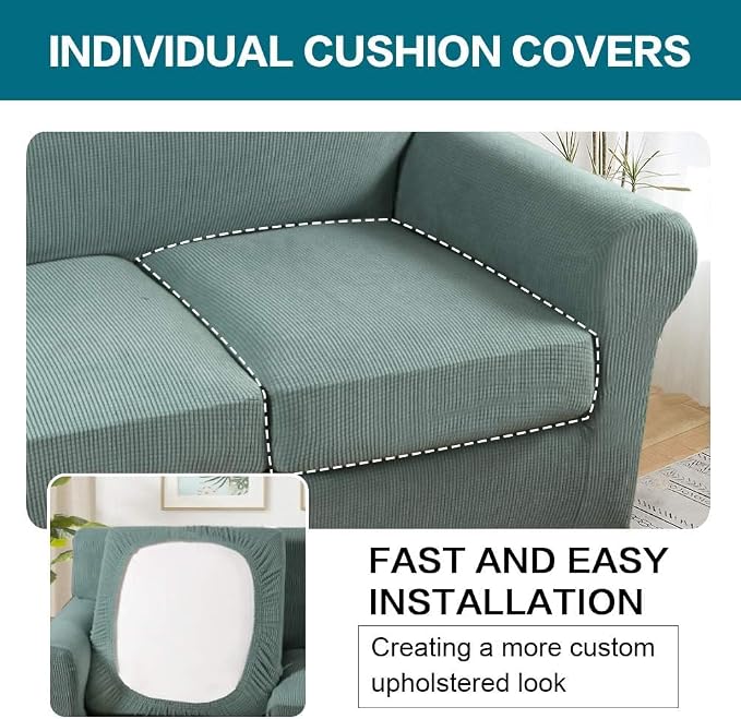 Turquoize 4 Piece Sofa Covers for 3 Cushion Couch Sofa Slipcover Soft Couch Cover for Dogs Washable Furniture Cover with 3 Individual Large Cushion Covers Feature Fabric (Large Sofa, Dark Cyan) - Image 5
