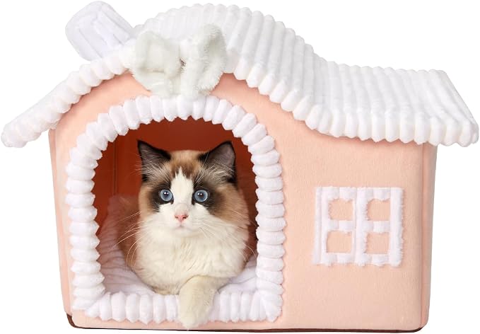 Jiupety Rabbit Cat Houses for Indoor Cats, Chimney Cute Cat Bed Cave, Enough Interior Space, Cartoon Soft Pet House Up to 3-10 lbs Kitten, Pink by JIUPETY