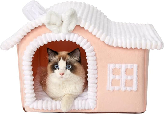 Jiupety Rabbit Cat Houses for Indoor Cats, Chimney Cute Cat Bed Cave, Enough Interior Space, Cartoon Soft Pet House Up to 3-10 lbs Kitten, Pink by JIUPETY