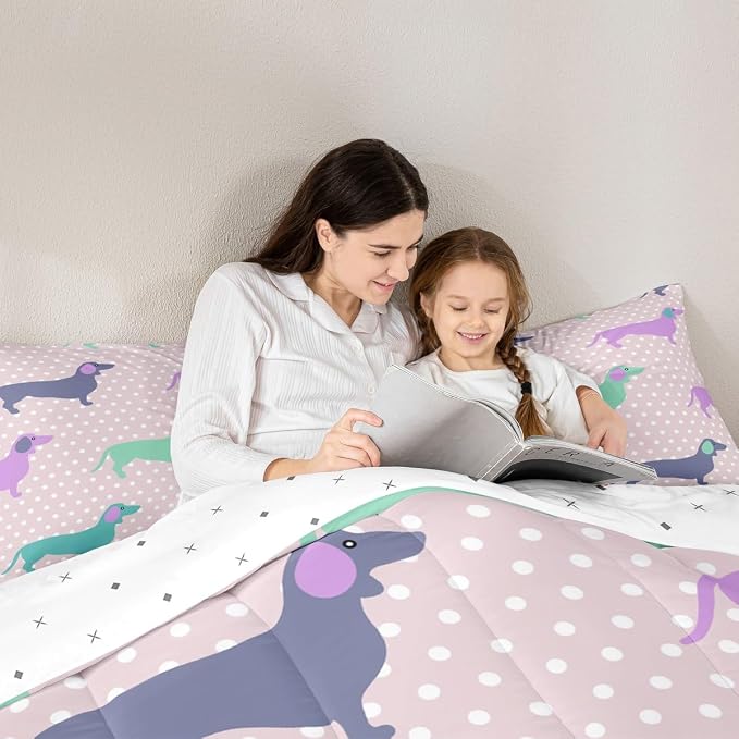 Feelyou Dog Printed Comforter Dachshund Decor Bedding Bed Set for Kids Boys Girls Abstract Pet Puppies Comforter Set Polka Dots Dog Pink Quilt Collection 3Pcs King Size Boys - Image 6