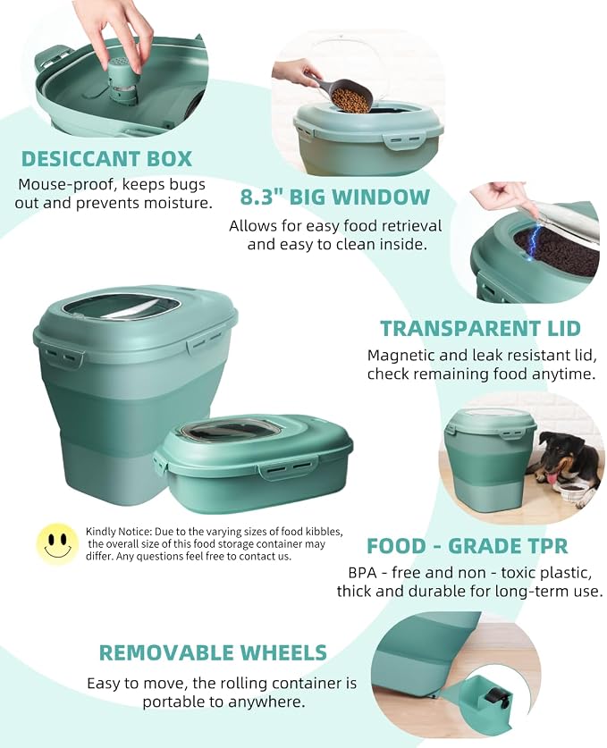30-35Lbs Dog Food Storage Container Airtight,Collapsible Dog Food Container | Large Pet Food Storage Container with Double Airtight Seal & Magnetic Lid,Cat Food Container with Wheels,2Pcs Container,Scoop - Image 7