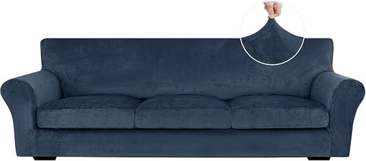 XINEAGE 4-Piece Velvet Oversize Sofa Cover, Couch Covers for Dog,Navy Blue | 3 Cushion Large Sofa,Stretch Non-slip Elastic, Pet-friendly, Washable, Fast Setup, Soft Plush Fabric, Furniture Protector. by XINEAGE