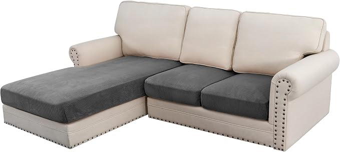 H.VERSAILTEX Velvet Stretch Sectional Couch Covers, 3 Pieces, L-Shaped with Separate Cushions - For Both Left/Right Couch Types (Large Sofa 2 Seater + Chaise, Grey Striped) by HVERSAILTEX