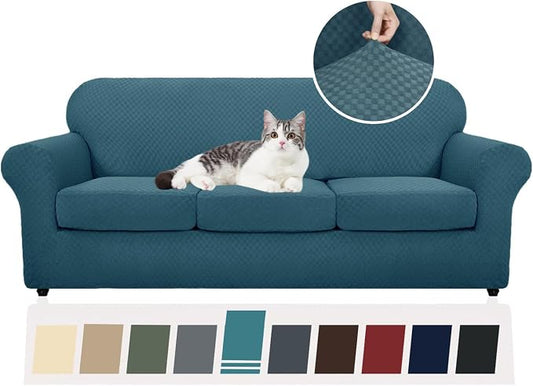 YEMYHOM Latest Checkered 4 Pieces Couch Covers for 3 Cushion Couch High Stretch Thickened Sofa Cover for Dogs Pets Elastic Slipcovers Living Room Furniture Protector (Teal), 71"-91"(3 Cushions) by YEMYHOM