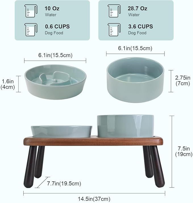 SPUNKYJUNKY Ceramic Elevated Dog Bowls with Slow Feeder Raised with Acacia Bamboo Wooden Stand, 6.1'' Dog and Cat Food Water Bowls Set Non-Slip for Small Medium Sized Breed - Light Green - Image 2