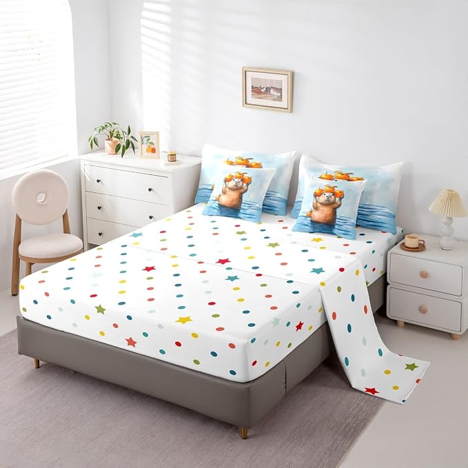 Erosebridal Kids Cute Capybara 7-Piece Bedding Set King Size for Capybara Lovers, Coastal Creature Bed in A Bag, Blue Ocean Themed Comforter Set with Sheets, Oranges Bedding Comforter Sets - Image 4
