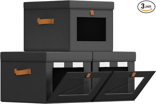 Homsorout Storage Bins with Lid – Closet Organizer with Side Opening and Clear Window, Foldable Stackable Fabric Basket for Clothes, Home, Office - 13.77" x 11.8" x 9.8", 3 Pack, Black by Homsorout
