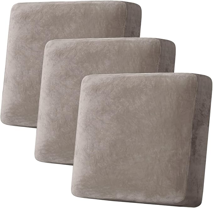 H.VERSAILTEX Velvet Stretch Couch Cushion Cover Plush Cushion Slipcover for Chair Loveseat Sofa Cushion Furniture Protector Seat Cushion Sofa Cover (3 Piece XL Sofa Cushion Covers, Taupe) by HVERSAILTEX