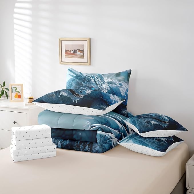 Erosebridal 7-Pack Dynacraft Ice Dragon 3D Blue Bedding Sets - Boys' Full Size Comforter with Sheets & Quilt - Ice Dragon Mysterious Wildlife Theme - Image 6