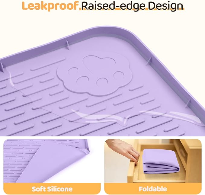 Dog Food Mat 34''x22'' Extra Large Dog Mat for Food and Water, Purple | Silicone Dog Bowl Mat with Raised Edge, Waterproof Non-Slip Pet Feeding Mat for Floors, fit for Dog Cat Bowls - Image 3