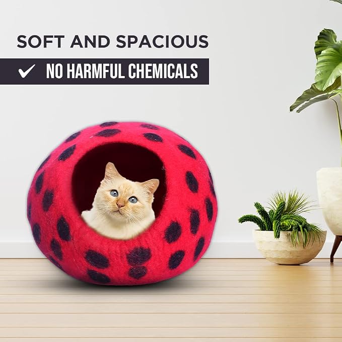 Woolygon Premium Felt Cat Cave Bed – Wool Kitty Beds Handcrafted Kitten Caves Bed for Indoor Cats - Made from Merino Wool, Foldable Cat Hideaway Covered Cat House Pod (Red Polka) - Image 3