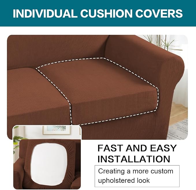 Turquoize 4 Piece Sofa Covers for 3 Cushion Couch Sofa Slipcover Soft Couch Cover for Dogs-Washable Sofa Furniture Covers with 3 Individual Large Cushion Covers (XL Sofa, Caramel) - Image 5