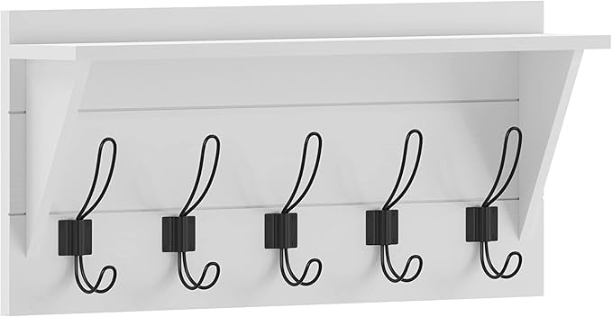 HBCY Creations 24" Wall Mounted Storage Rack - Pine Wood Construction - Solid White Finish - Upper Storage Shelf - 5 Hooks - Ideal for Entryway, Kitchen, Bathroom by HBCYCreations