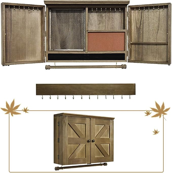 GLANT Rustic Wall Mounted Jewelry Organizer with Wooden Barndoor Decor， Wall Mount Holder,Jewelry holder for Necklaces, Earings, Bracelets，Ring Holder. Includes matching hook organizer (wood color) - Image 6