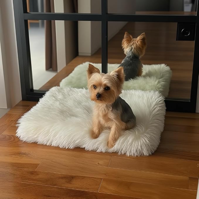Faux Fur Orthopedic Rectangular Dog Bed, Memory Foam, White Small 23"x18" | Plush Sheepskin Style Furry Rug, Calming for Senior and Large Dogs, Washable Waterproof Cover, Fits Crates and Floors - Image 6
