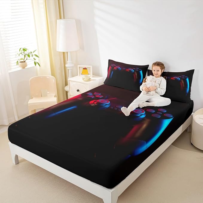 Erosebridal Games Bedding Set Twin Size,Kids Gamer Bed Sheet Set Teens Video Games Fitted Sheet Boys 3D Gamepad Flat Sheet Children Game Bedroom Decor Soft Modern Gaming Controller Sheets,Black - Image 4